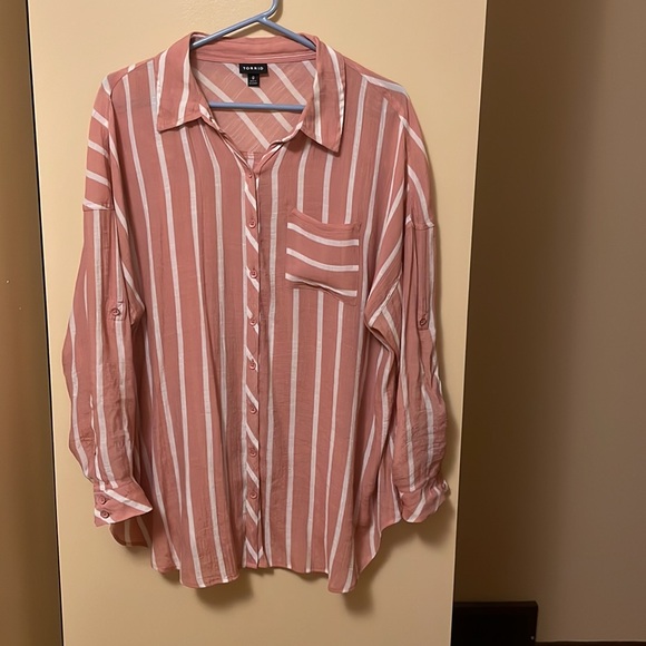 Rose white pinstripe button down blouse. Really beautiful! - Picture 2 of 5